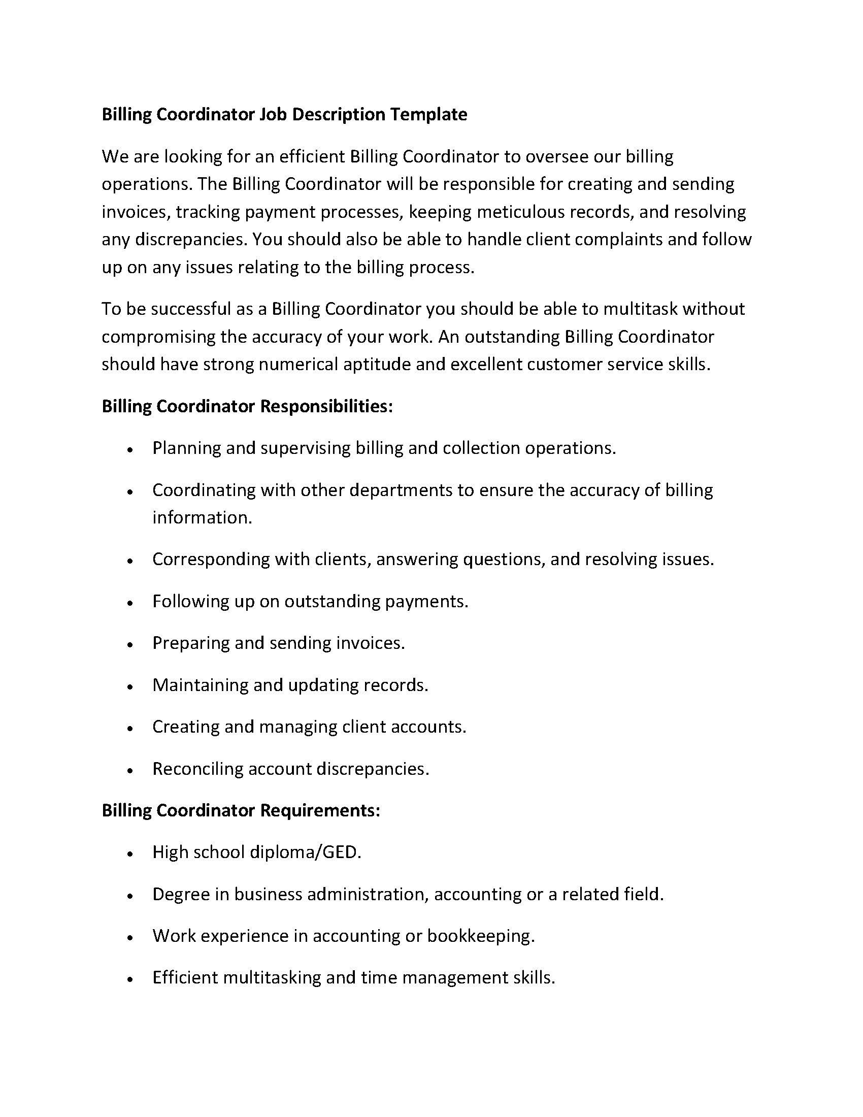 Billing Coordinator Job Description Template